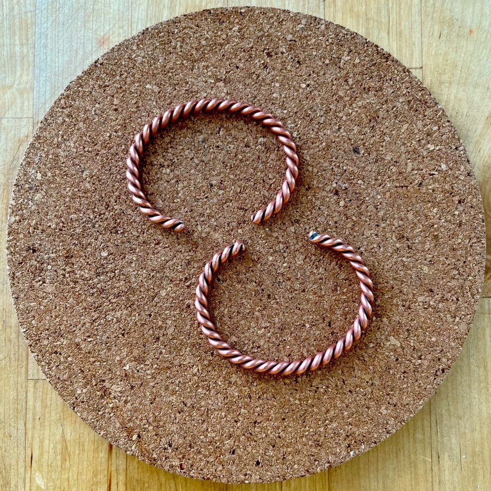 Pair of Handmade Rope-Style Solid Copper Cuff Bangle Bracelets